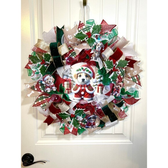 Handmade Christmas Santa Puppy Holiday Ribbon Door Wreath 22 ins W76 - Picture 10 of 12